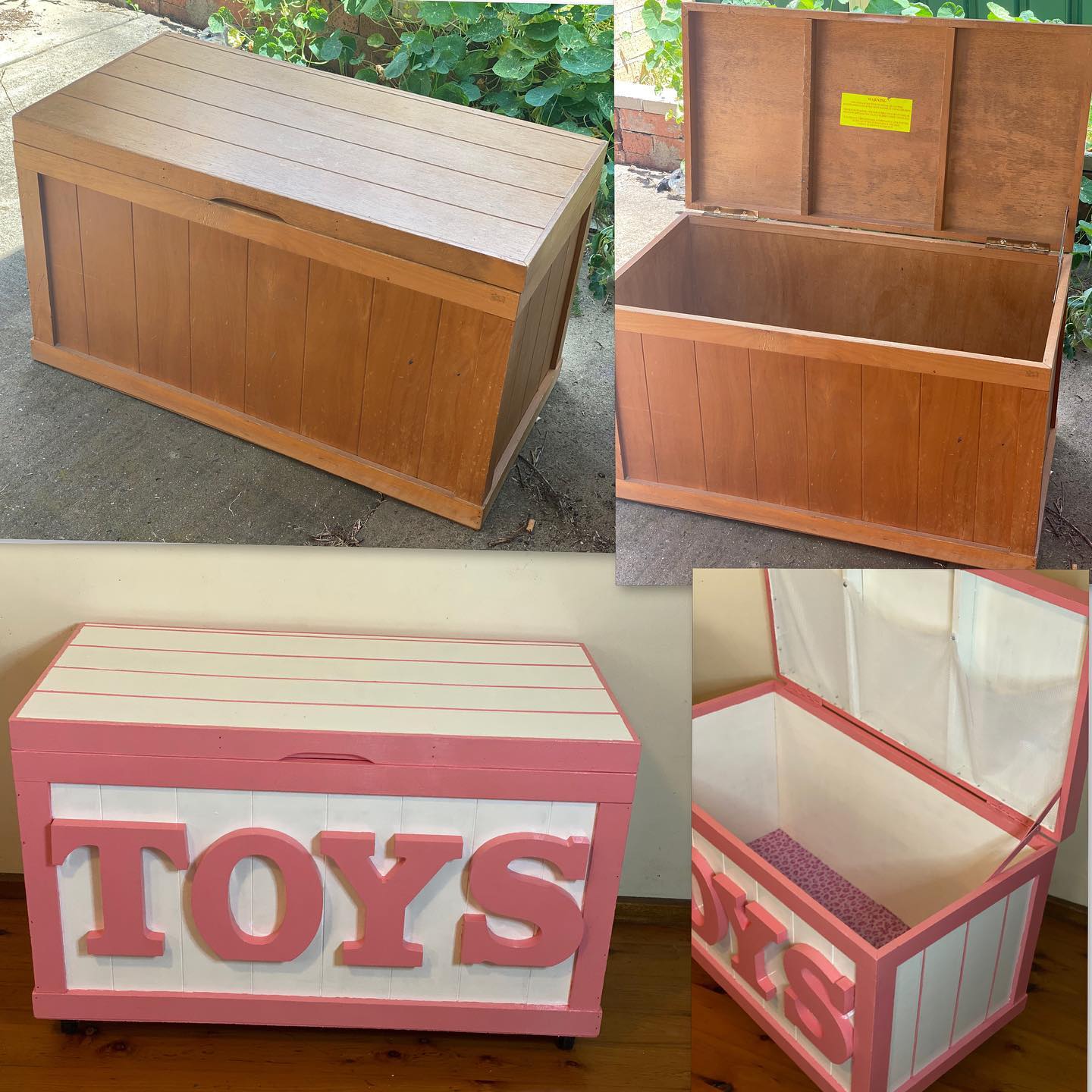 Before & after. A plain wooden box transformed into a brand new looking toy box on wheels. Including mesh lining inside the lid for soft toys. 
.
.
.
.
.
.
.
.
.
#diy
#whiteknightpaints
#paintmeprettybyvicky
#diy
#diycrafts 
#diyprojects 
#upcycling 
#upcycledfurniture 
#reloved
#trashandtreasure
#paintingpro
ryobiau 
#ryobimade