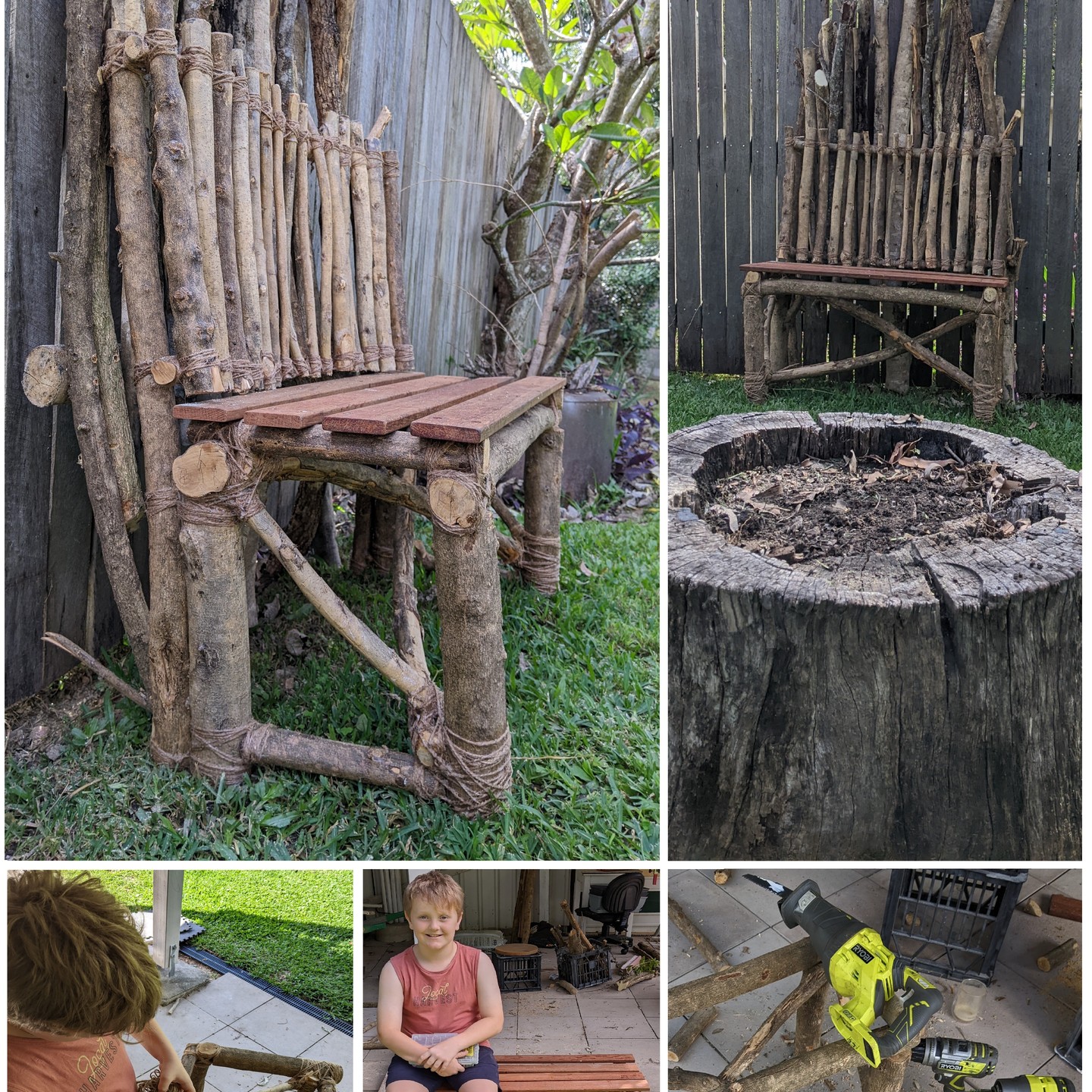 A father son project Viking Chair. After a big prune of the backyard trees with the Ryobi reciprocal saw my youngest son said we should make something, maybe a chair for two. So we got the Ryobi team together and used some left over screws for strength of the frame, but then used twine to make it look old style, and painted everything with PVA glue. Some left over merbau screening made for a good seat section, and it is much more comfortable than it looks. 
I saw the Ryobi long weekend competition so here it is, can always make use of more Ryobi tools #ryobimade #ryobiau ryobiau