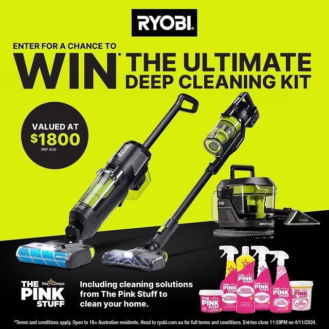 To celebrate the launch of RYOBI's new Floor Cleaning Range, we’re giving you the chance to WIN* a Deep Cleaning Kit in collaboration with @thepinkstuffau valued at $1,800 RRP AUD! To enter simply comment below in 25 words or less why your home needs a deep clean with RYOBI products and The Pink Stuff products.
Don’t forget to follow us for updates! 🧼✨ 
*Terms and conditions apply. Closes 11.59pm 04/11/2024. Head to the link in our bio for full terms and conditions.