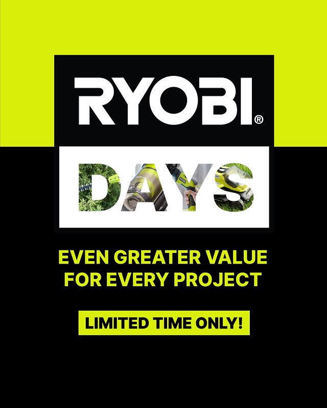 RYOBI Days are here! 
For a limited time, get even greater value on selected RYOBI products — perfect for all your projects! Head to the link in our bio to find out more. 
#RYOBIDays #RYOBImade